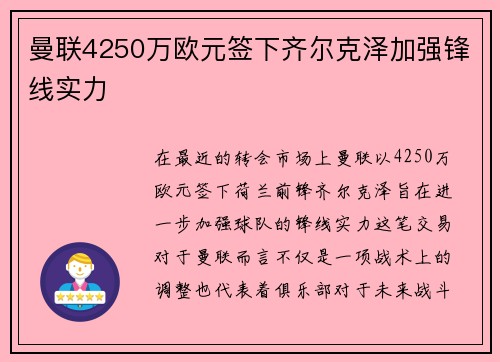 曼联4250万欧元签下齐尔克泽加强锋线实力
